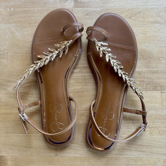 Women's Jessica Simpson Gold Leaf Metallic Flip Flops brown Flats 9.5 NEW - Picture 6 of 7